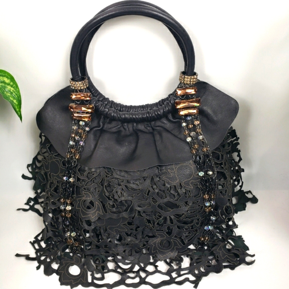 Ileana Black Leather w/Tooled Cutout Fringe & Floral Squish Handle Bougie 10x6.5